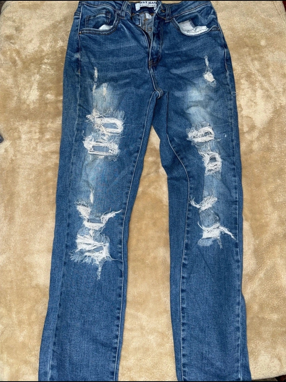 Wax Jean Women's Distressed Blue Denim Jeans 1 (25")